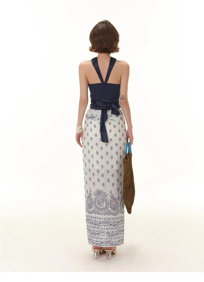 Blue Floral Pleated Midi Skirt