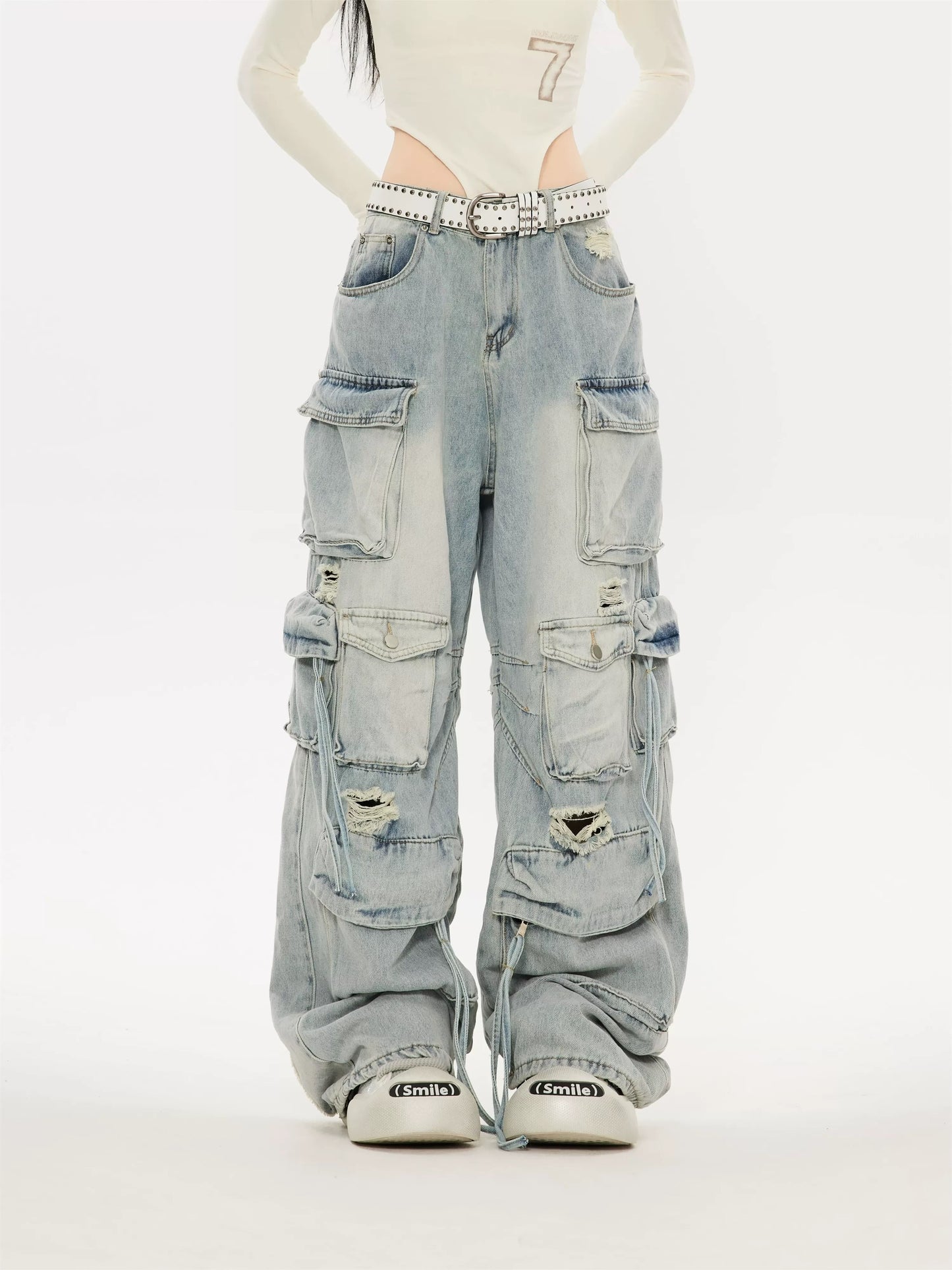 Unisex Multi-Pocket Ripped Cargo Pants