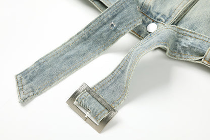 High-Waist Blue Denim Motorcycle Jacket