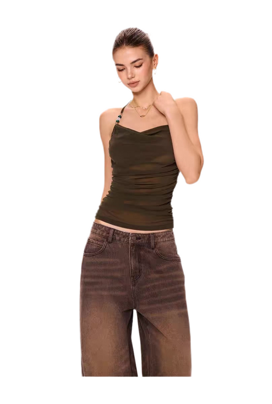 Mesh Olive Cowl Neck Camisole Top