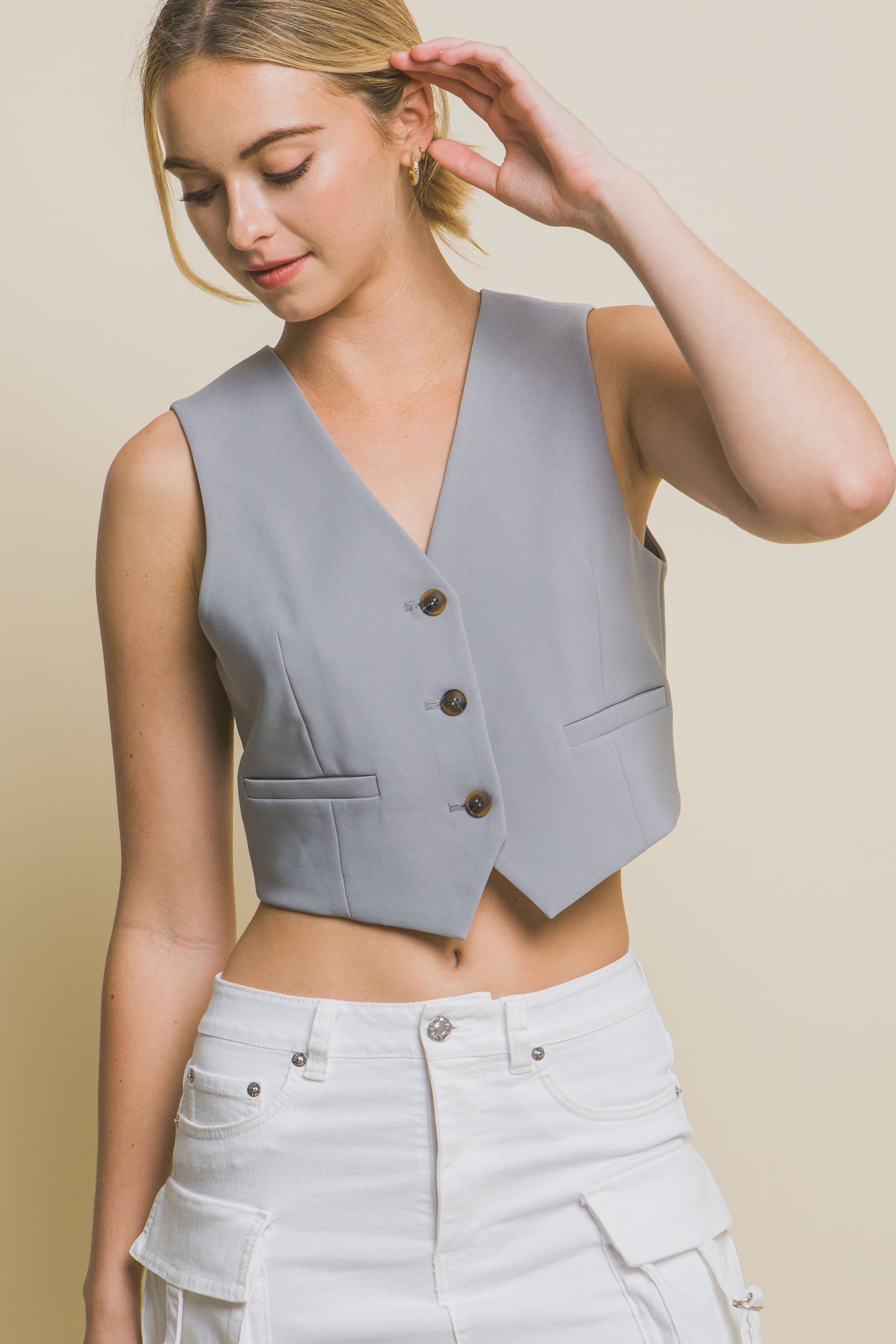 Cropped Blazer Vest With Button- Up - blue yonderz