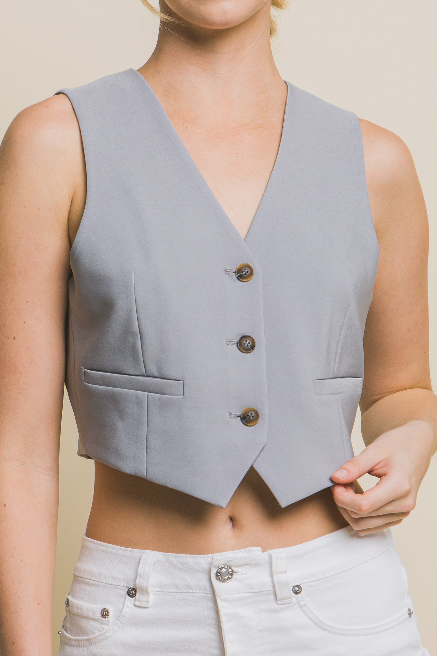 Cropped Blazer Vest With Button- Up - blue yonderz