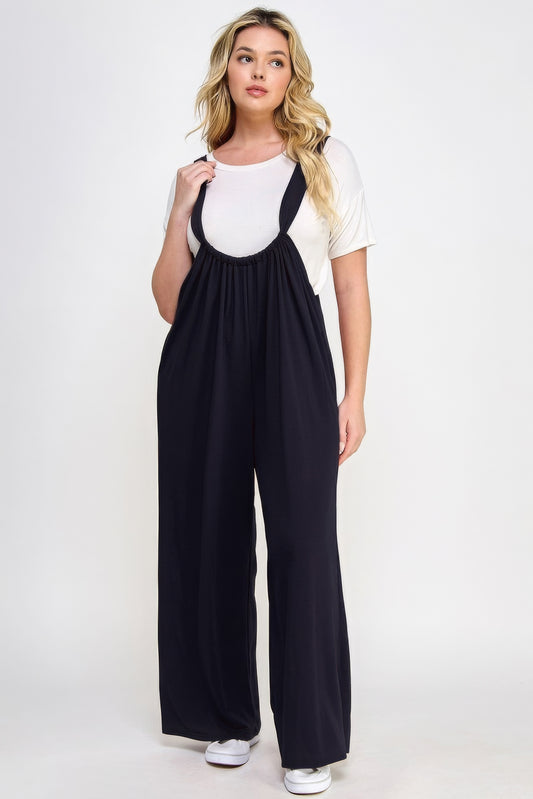 French Terry Wide Leg Jumpsuit Overalls - blue yonderz