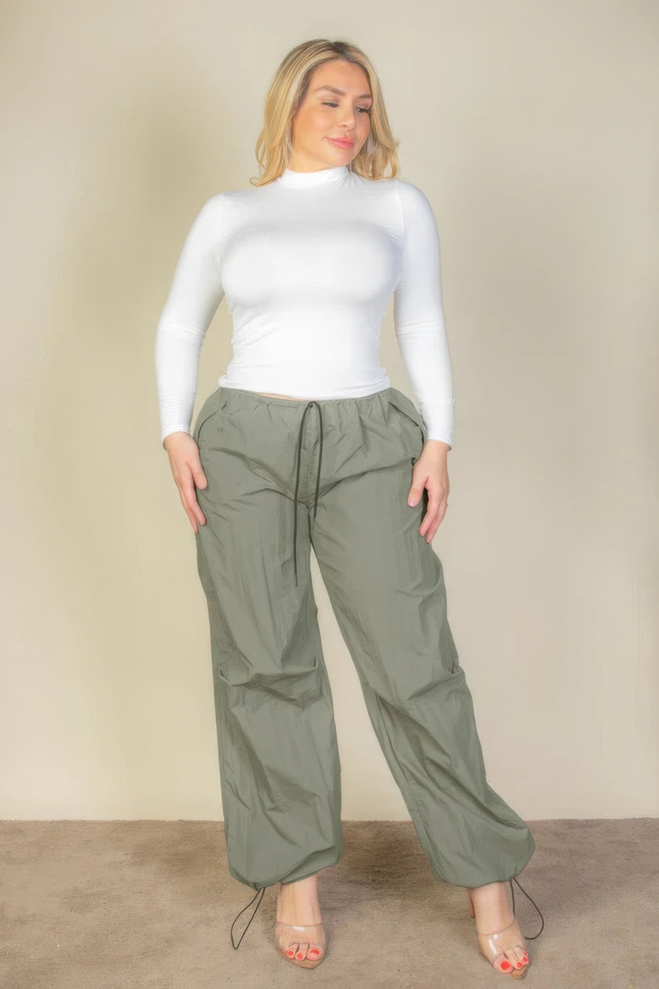 Plus Size Drawstring Waist Parachute Pants - blue yonderz