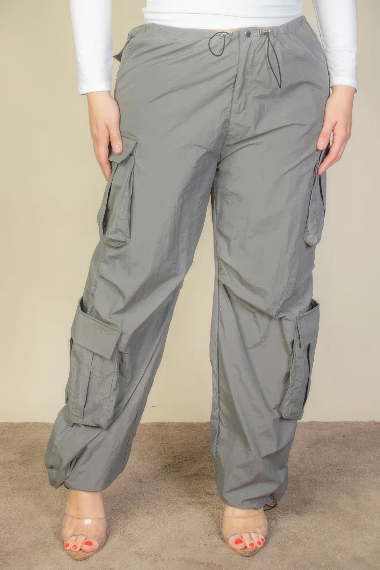 Plus Size Flap Pockets Drawstring Ruched Parachute Pants - blue yonderz