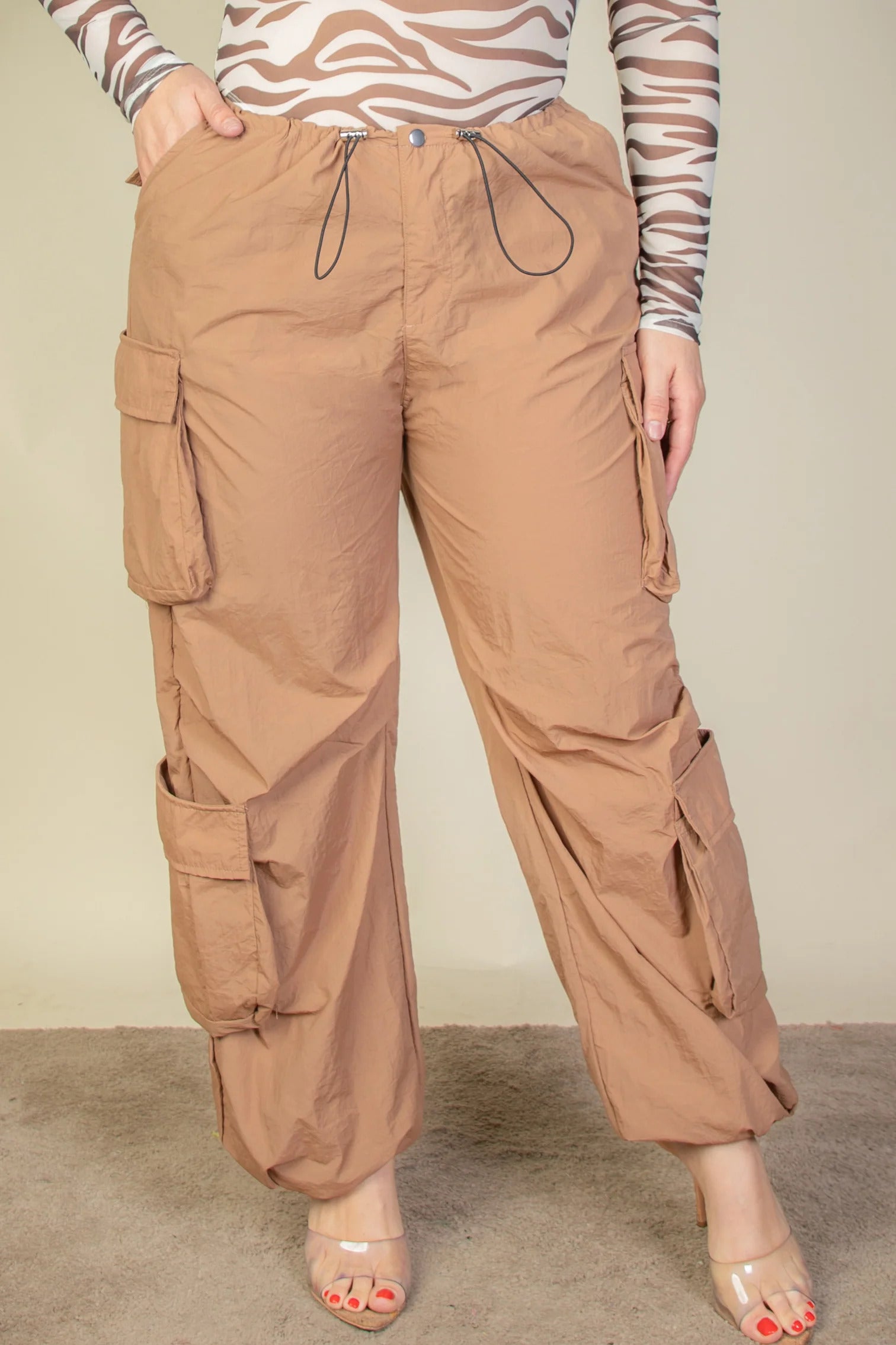 Plus Size Flap Pockets Drawstring Ruched Parachute Pants - blue yonderz