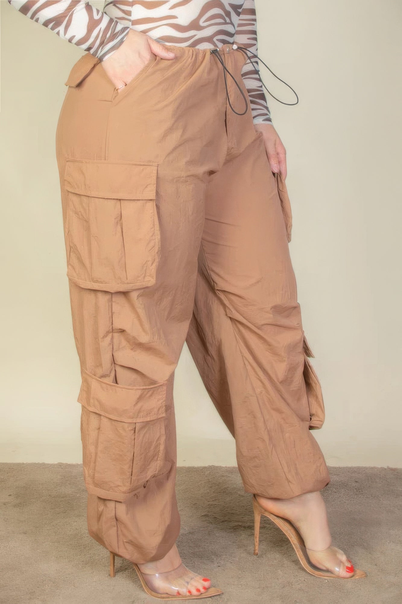 Plus Size Flap Pockets Drawstring Ruched Parachute Pants - blue yonderz