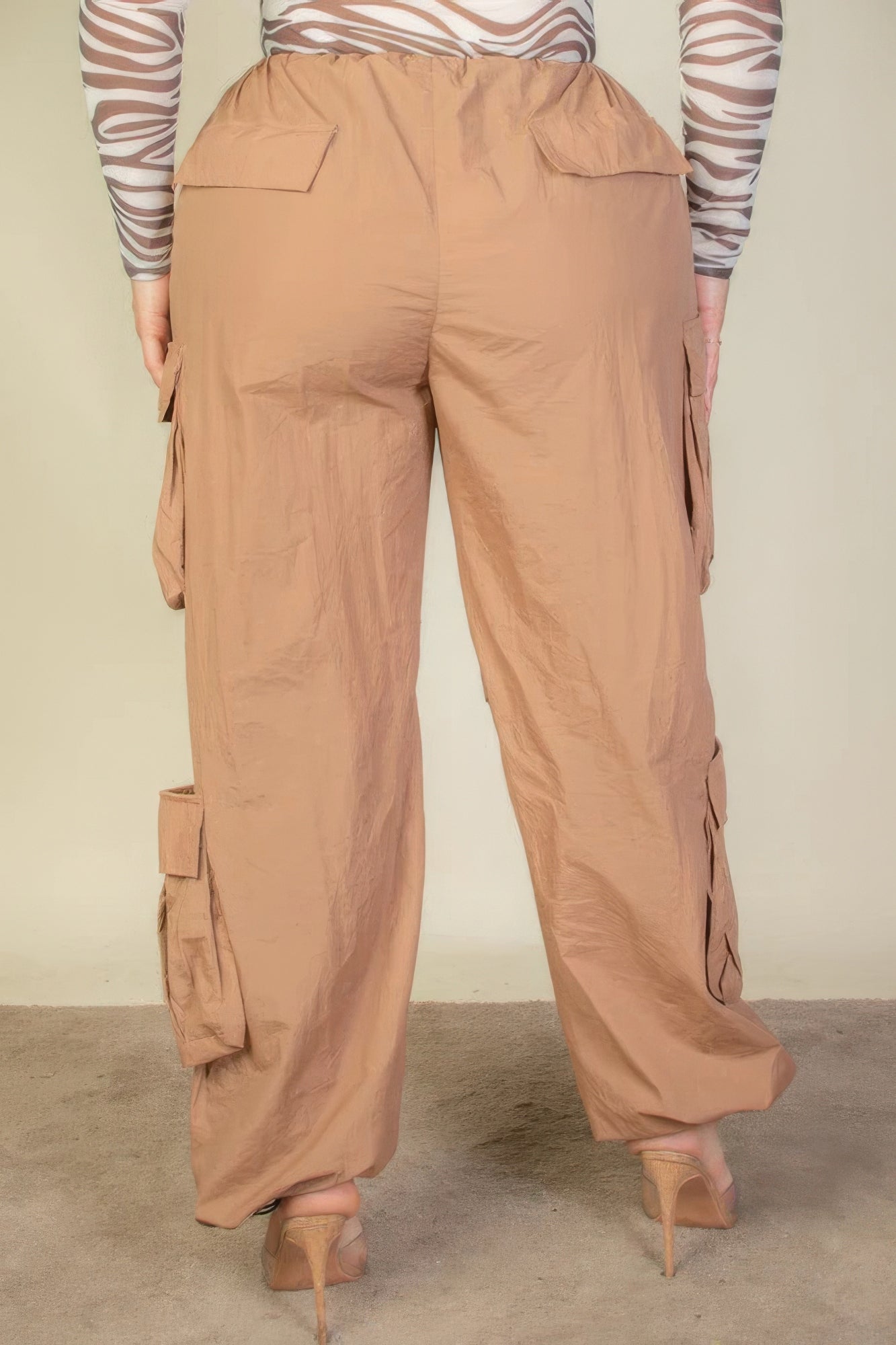 Plus Size Flap Pockets Drawstring Ruched Parachute Pants - blue yonderz