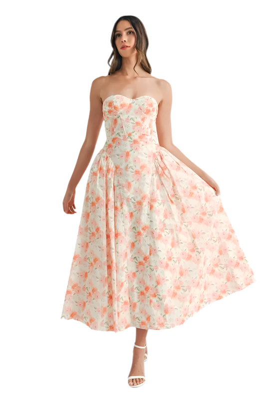 Sweetheart Neckline Floral Printed Midi Dress
