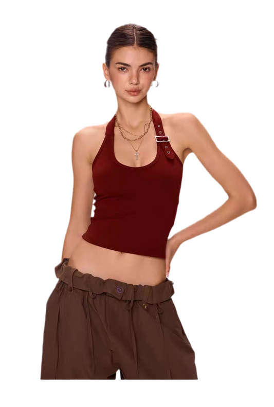 Edgy Buckle Strap Halterneck Crop Top