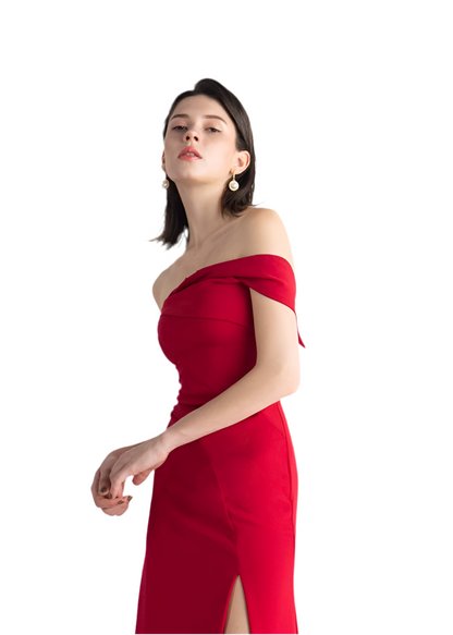 Scarlet Elegance Off-Shoulder Gown