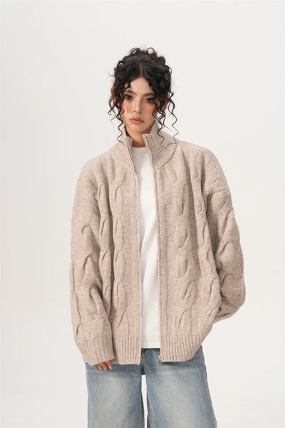 Cable Knit Zipper Cardigan Sweater Jacket
