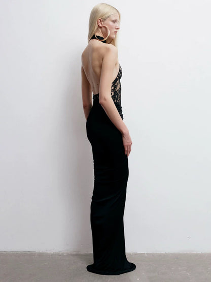 Black Backless Slim Fit Lace Maxi Dress