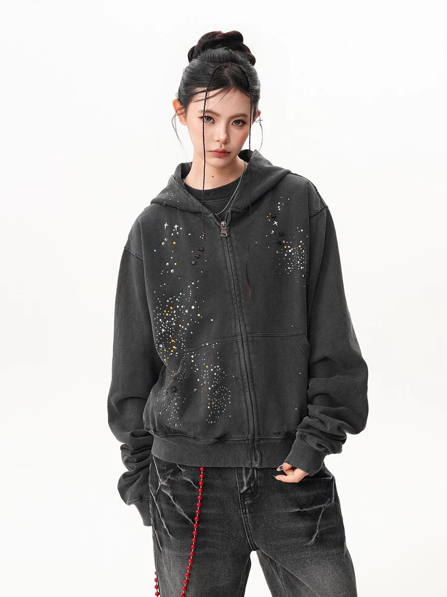 Black Starlit Splatter Zipper Hoodie