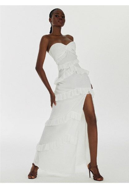 Strapless High Slit Ruffle Maxi Dress