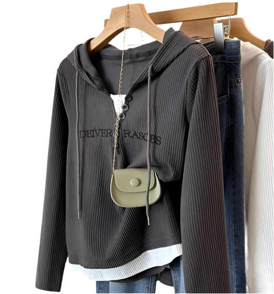 Layered Hem Graphic Text Hooded Sweater