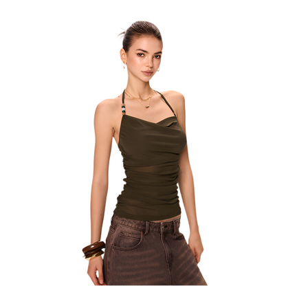 Mesh Olive Cowl Neck Camisole Top