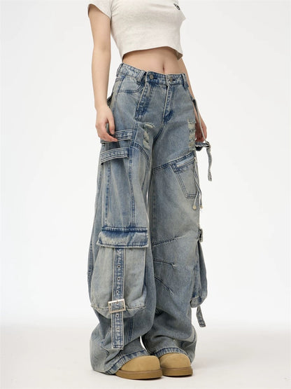 Heavy Washed Ripped Cargo Jeans