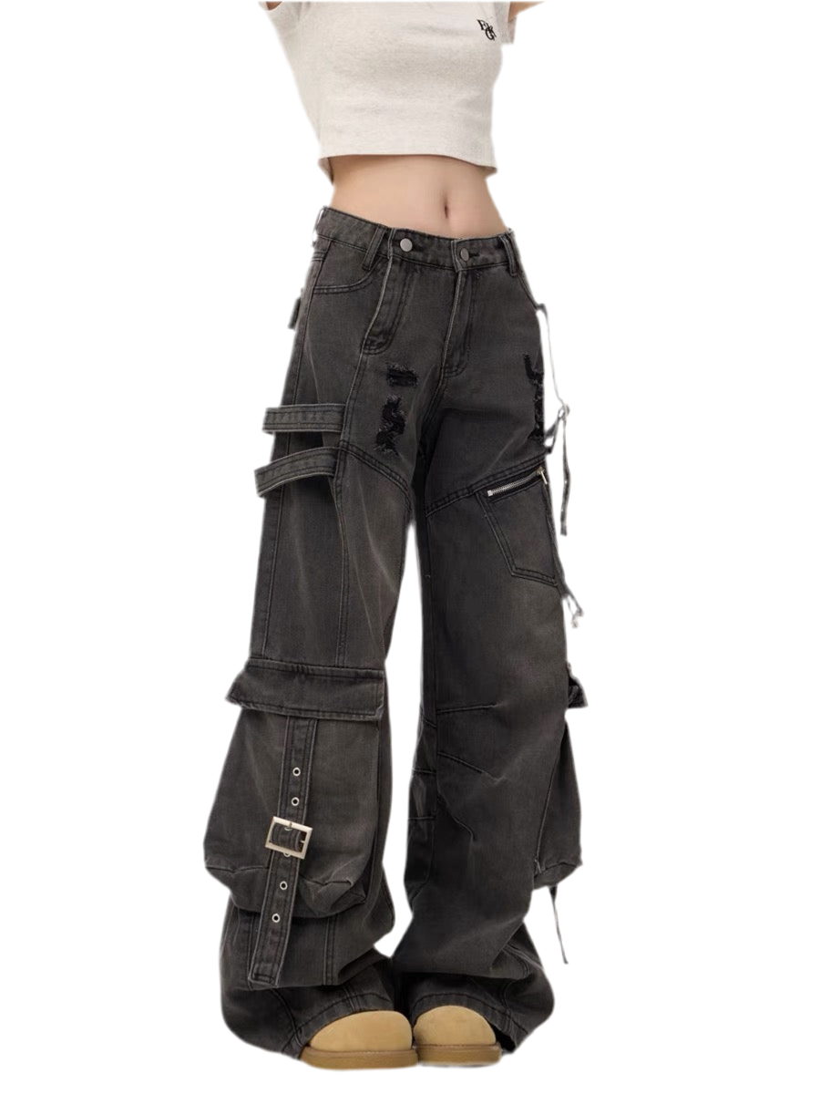 Heavy Washed Ripped Cargo Jeans