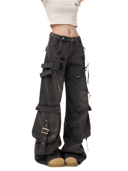 Heavy Washed Ripped Cargo Jeans
