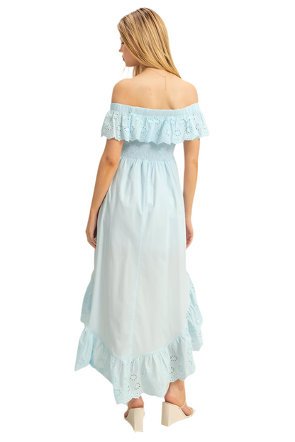 High-Low Eyelet Ruffled Off-Shoulder Dress