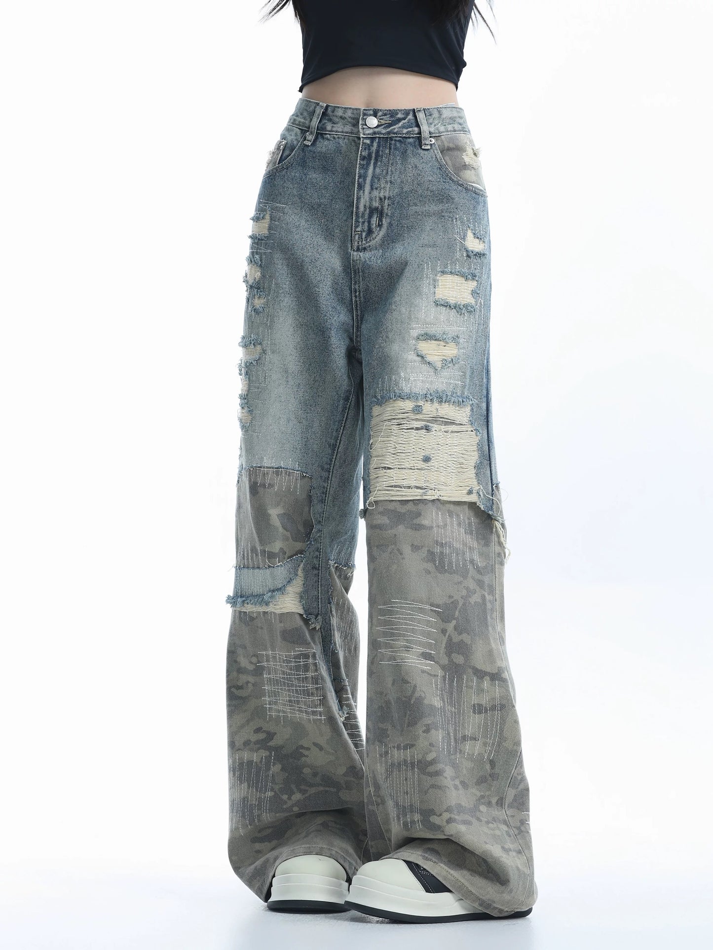 Patchwork Wide-Leg Camouflage Jeans