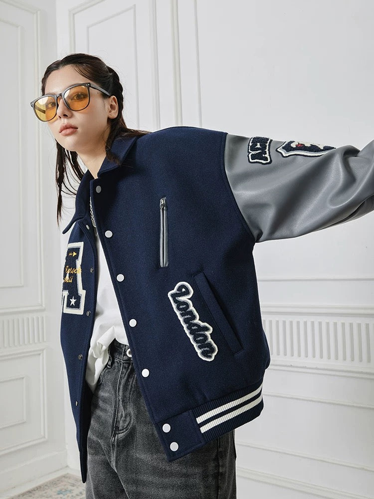 Title: Women's Oversized Varsity Jacket | Trendy Letterman Streetwear for Fall & Winter | Wool Blend & Faux Leather Sleeves