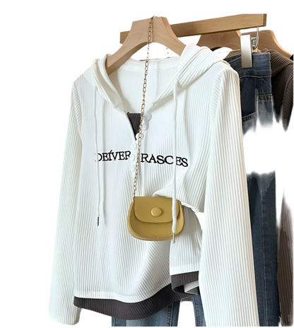 Layered Hem Graphic Text Hooded Sweater