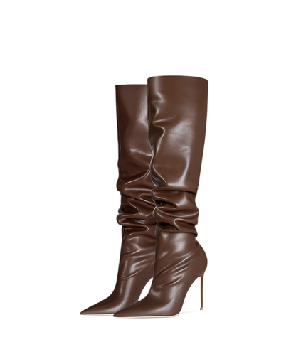 Coffee Brown Pleated Stiletto Knee Boots