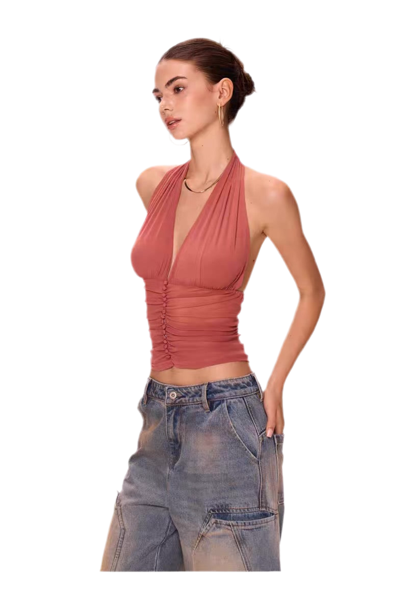 Chic Buttoned Halter Mesh Camisole