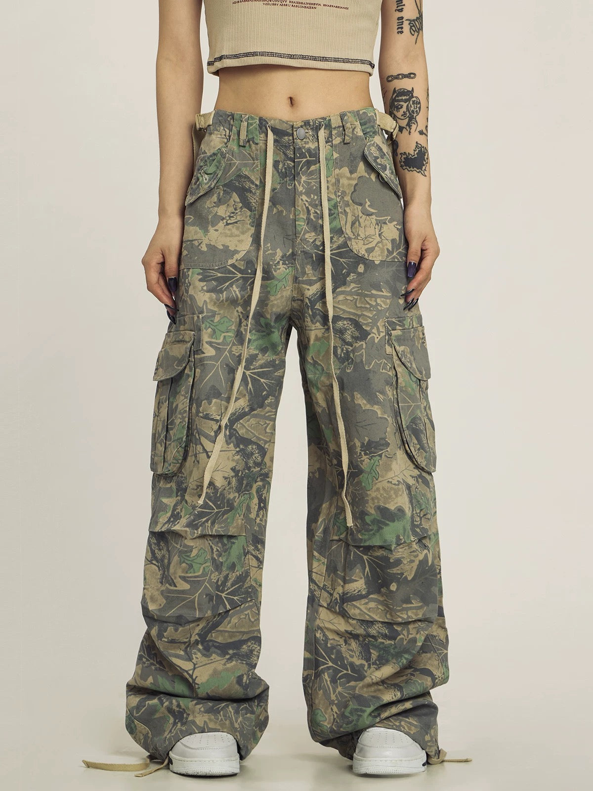 Women's Wide-Leg Cargo Overalls – High-Waist Camouflage Pants