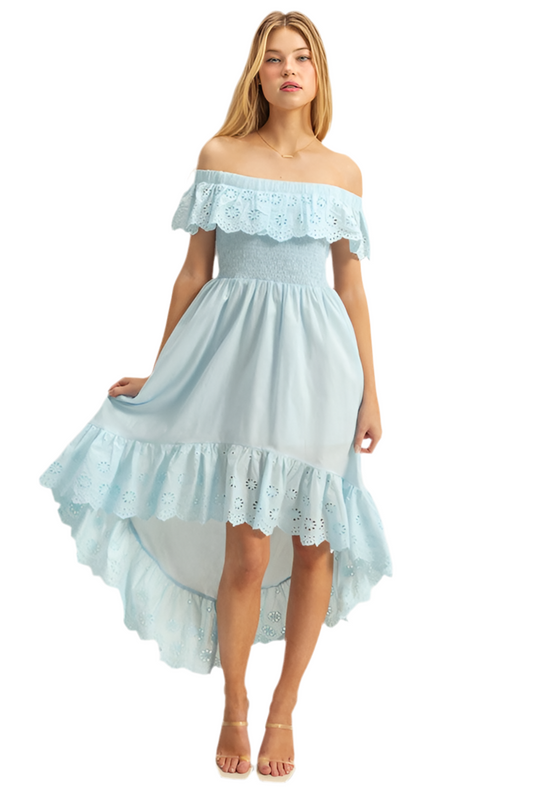 High-Low Eyelet Ruffled Off-Shoulder Dress