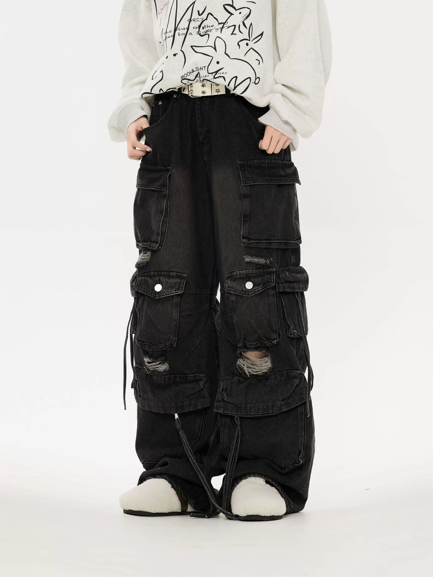 Unisex Multi-Pocket Ripped Cargo Pants