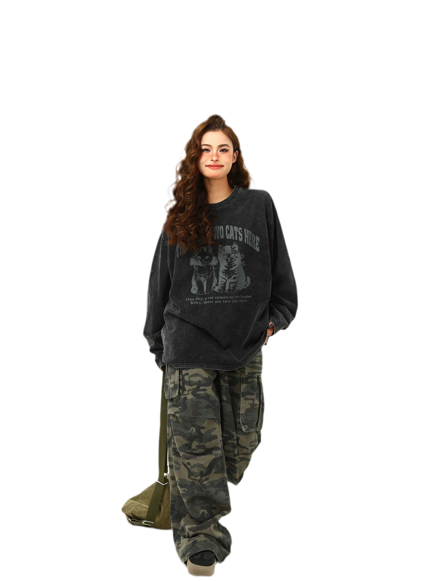 Full Sleeve Oversized Cat Graphic T-shirt