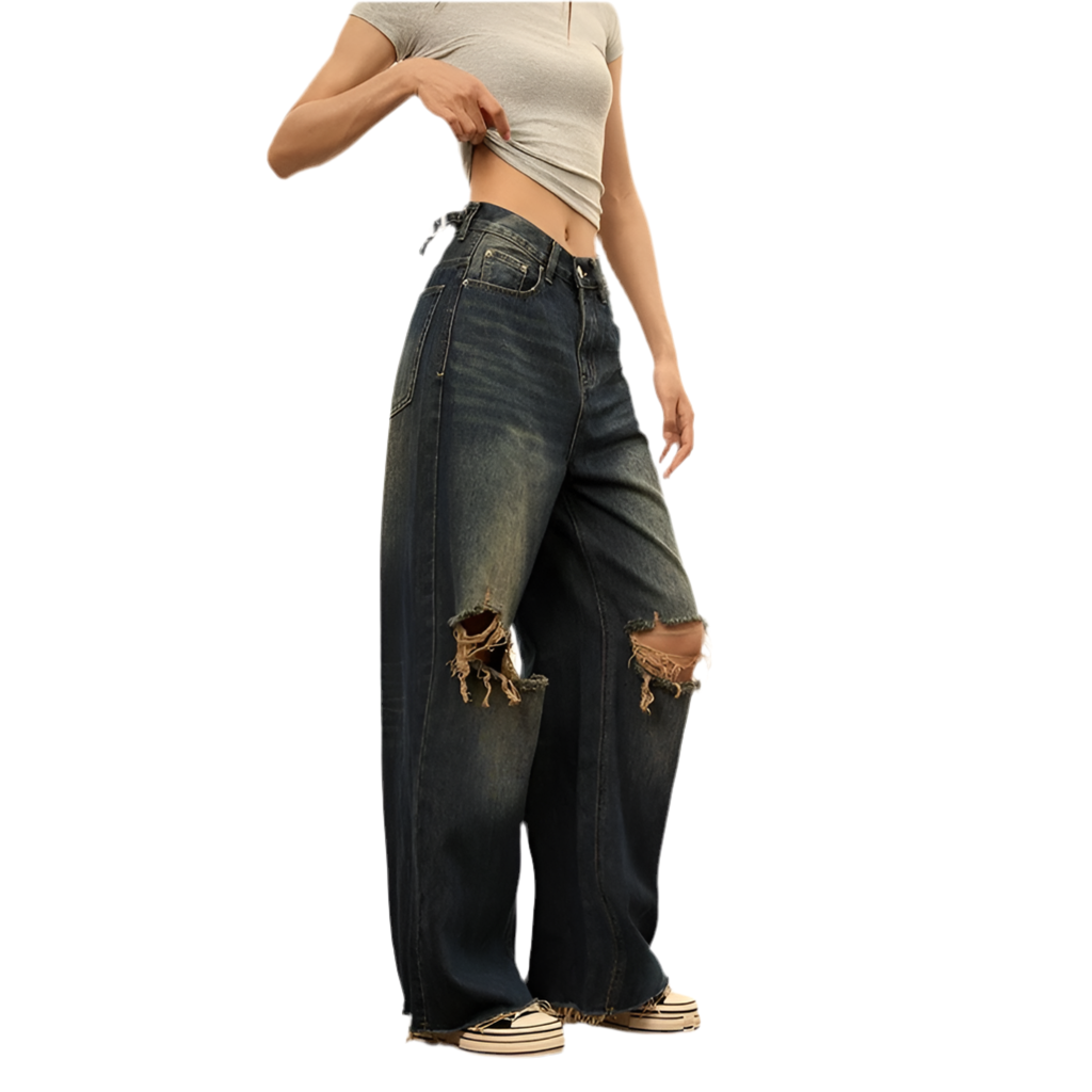 Vintage Blue Rip-Knee Wide Denim Jeans