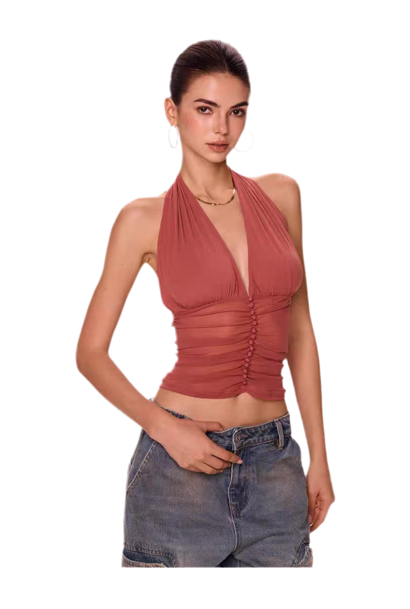 Chic Buttoned Halter Mesh Camisole