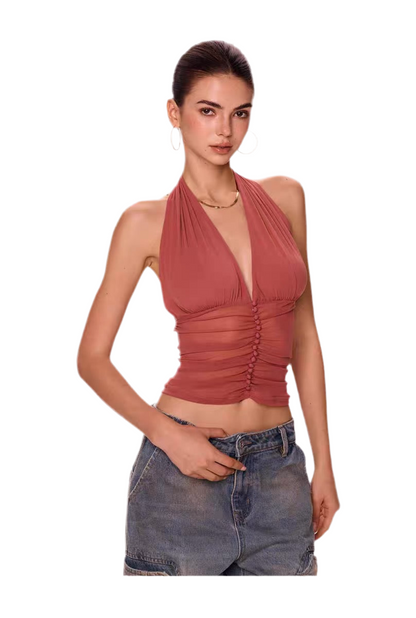 Chic Buttoned Halter Mesh Camisole