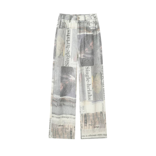 High-Waisted Newspaper Print Wide-Leg  Jeans