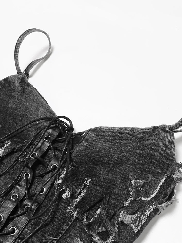 Edgy Denim Lace-Up Corset Top