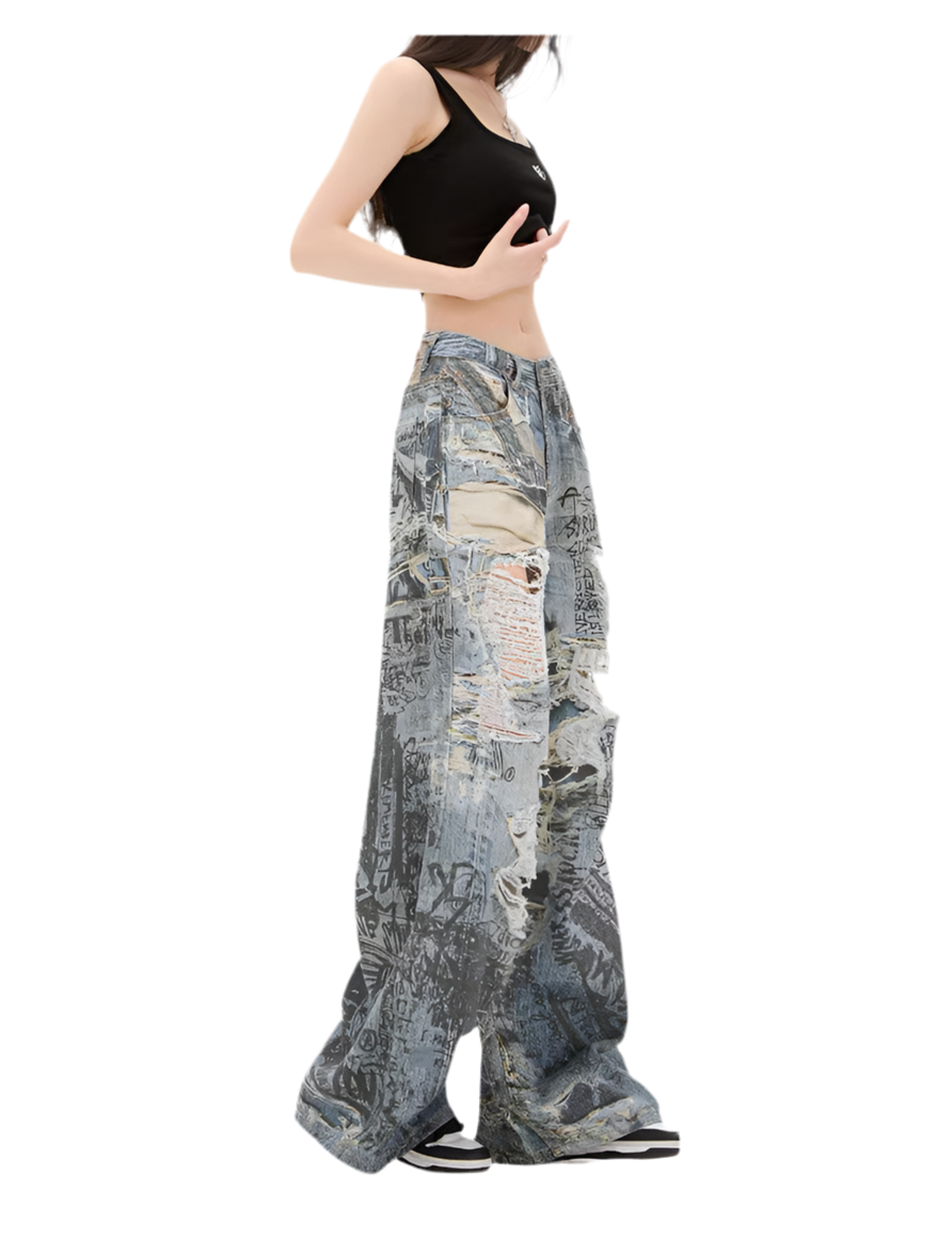 Ripped Oversized Graffiti Print Denim