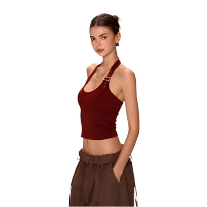 Edgy Buckle Strap Halterneck Crop Top