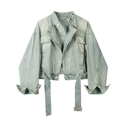 High-Waist Blue Denim Motorcycle Jacket