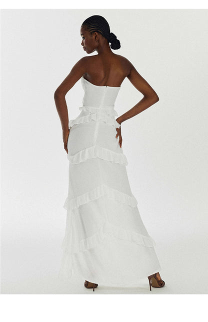 Strapless High Slit Ruffle Maxi Dress