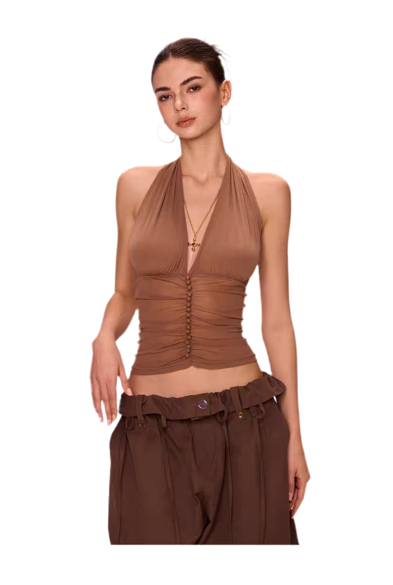 Chic Buttoned Halter Mesh Camisole