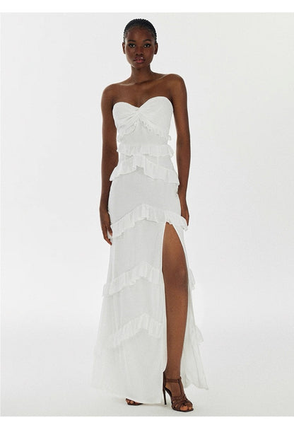 Strapless High Slit Ruffle Maxi Dress