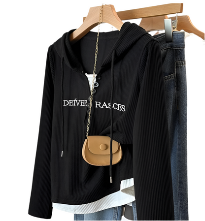 Layered Hem Graphic Text Hooded Sweater