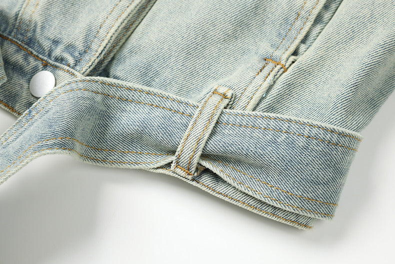 High-Waist Light Blue Denim Motorcycle Jacket