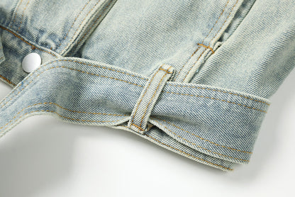 High-Waist Blue Denim Motorcycle Jacket