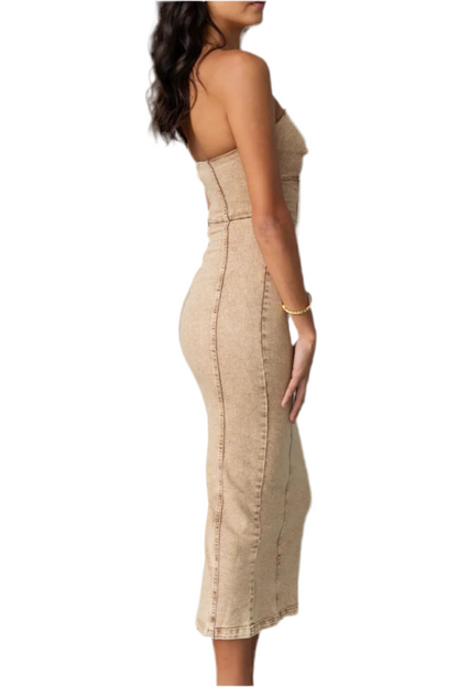 Washed Slit Back Tube Denim Dress