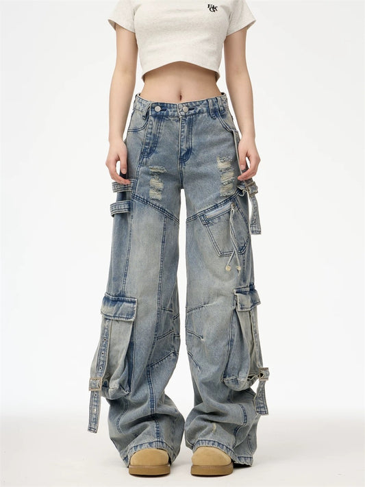 Heavy Washed Ripped Cargo Jeans
